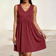 thumbnail image 5 of Npasoilc V-Neck Pleated Pocket Dresses for Women Sleeveless Loose Solid Color A-Line Mini Dress, 5 of 7