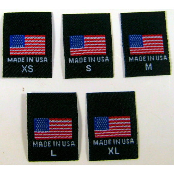 100 Étiquettes de Couture Tissées Noires pour Vêtements - Fabriquées aux États-Unis Drapeau Américain - TP, S, m, L, TG (20 Pcs Chacune)