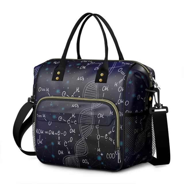 Laboratory Science Design Large Insulated Lunch Bag – Leakproof Dual Compartment Cooler Tote Adjustable Strap Multi pocket Organizer for Work and Study