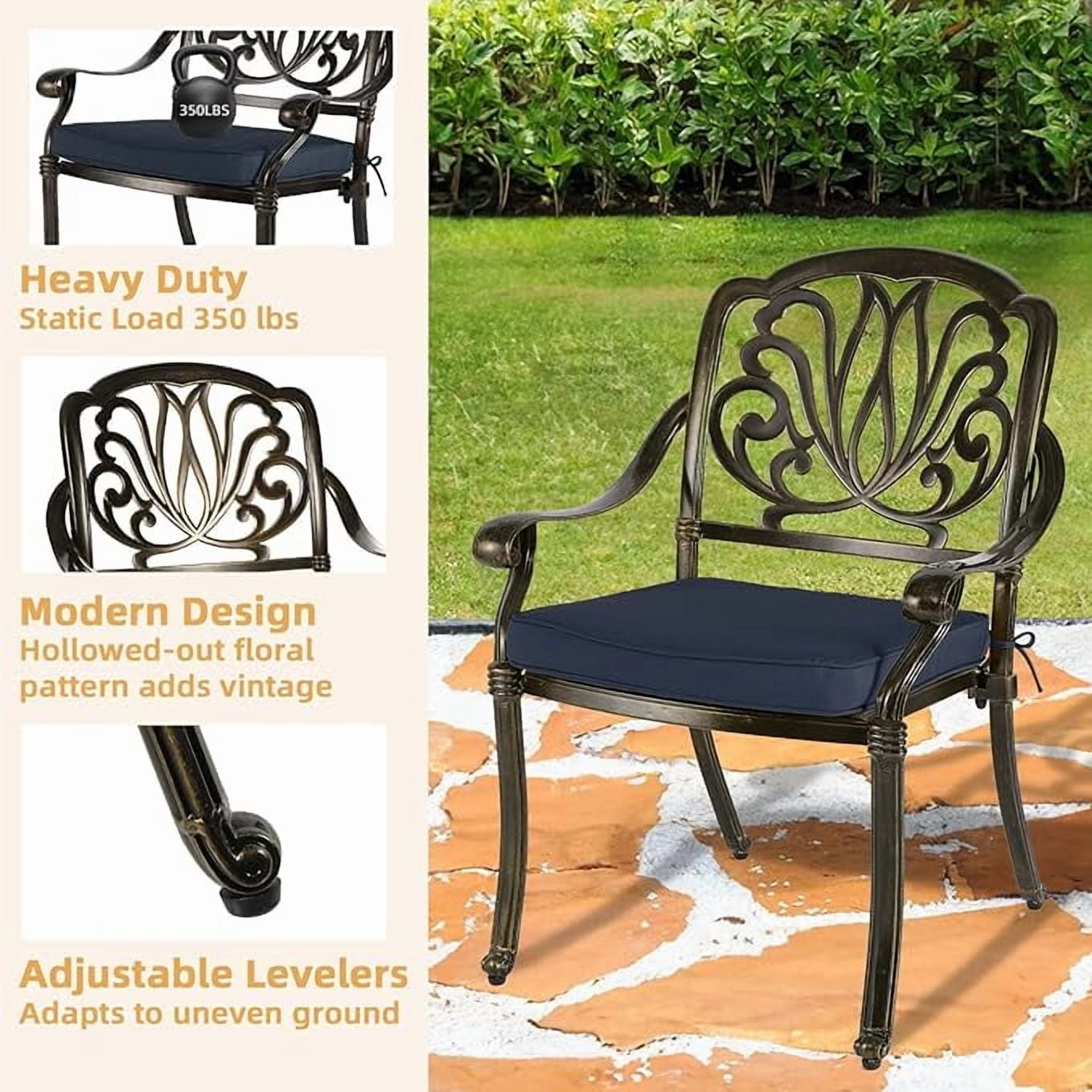 W WARMHOL 5-Piece Outdoor Patio Dining Set, All-Weather Cast Aluminum Patio Furniture Set for Backyard Garden Deck with 4 Chairs, 4 Cushions and 35.4" Round Table, 2" Umbrella Hole, Navy