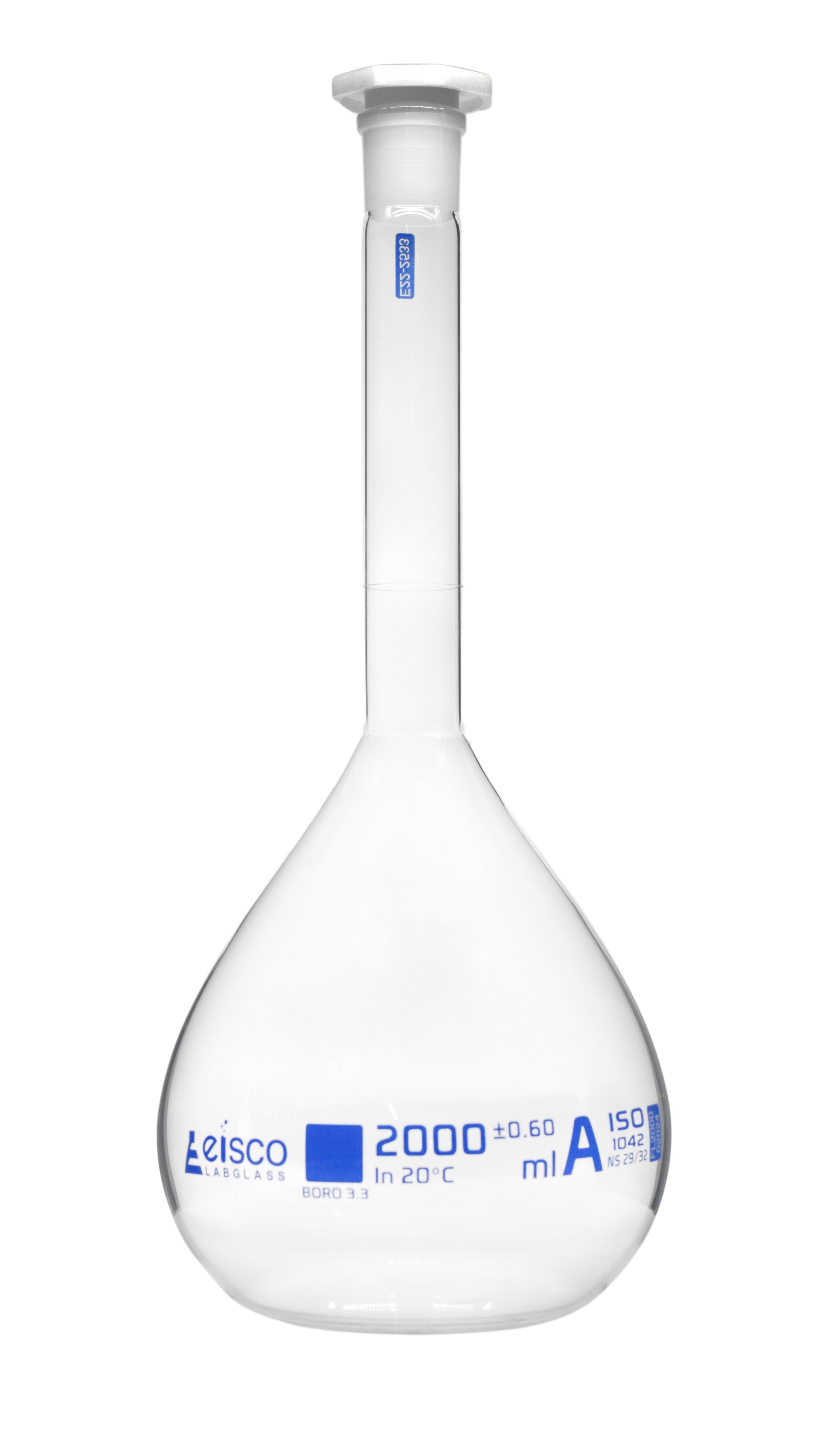 Volumetric Flask, 2000ml Class A Tolerance ±0.60ml Interchangeable, 29/32 Polypropylene