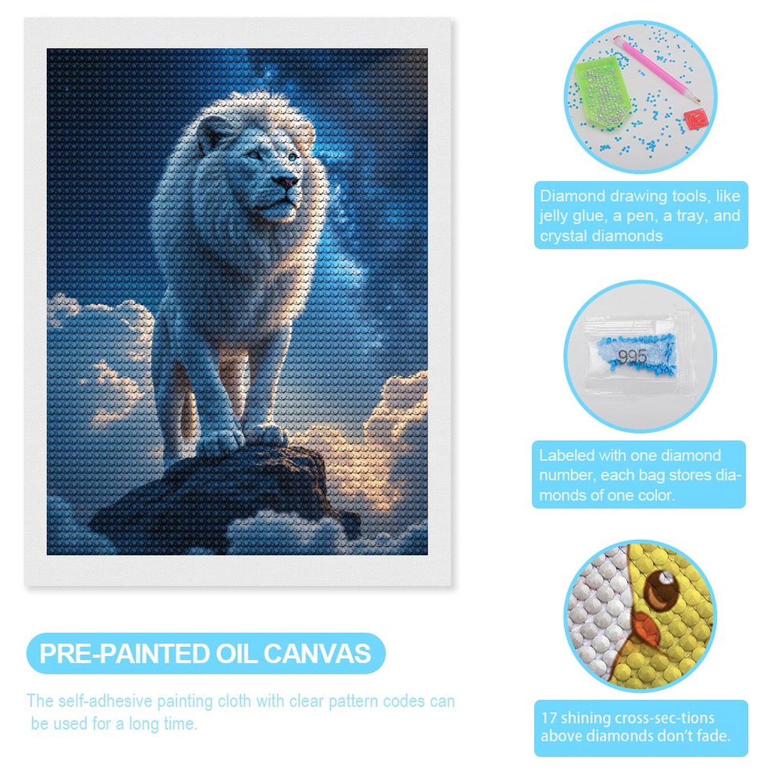 Diamond Art Kit for Adults, White Lion Standing On Rock Diamond Painting for Adults Beginners, 5D DIY Diamond Art Painting Kits, Colorful Diamond Painting Craft for Home Decor 12x16