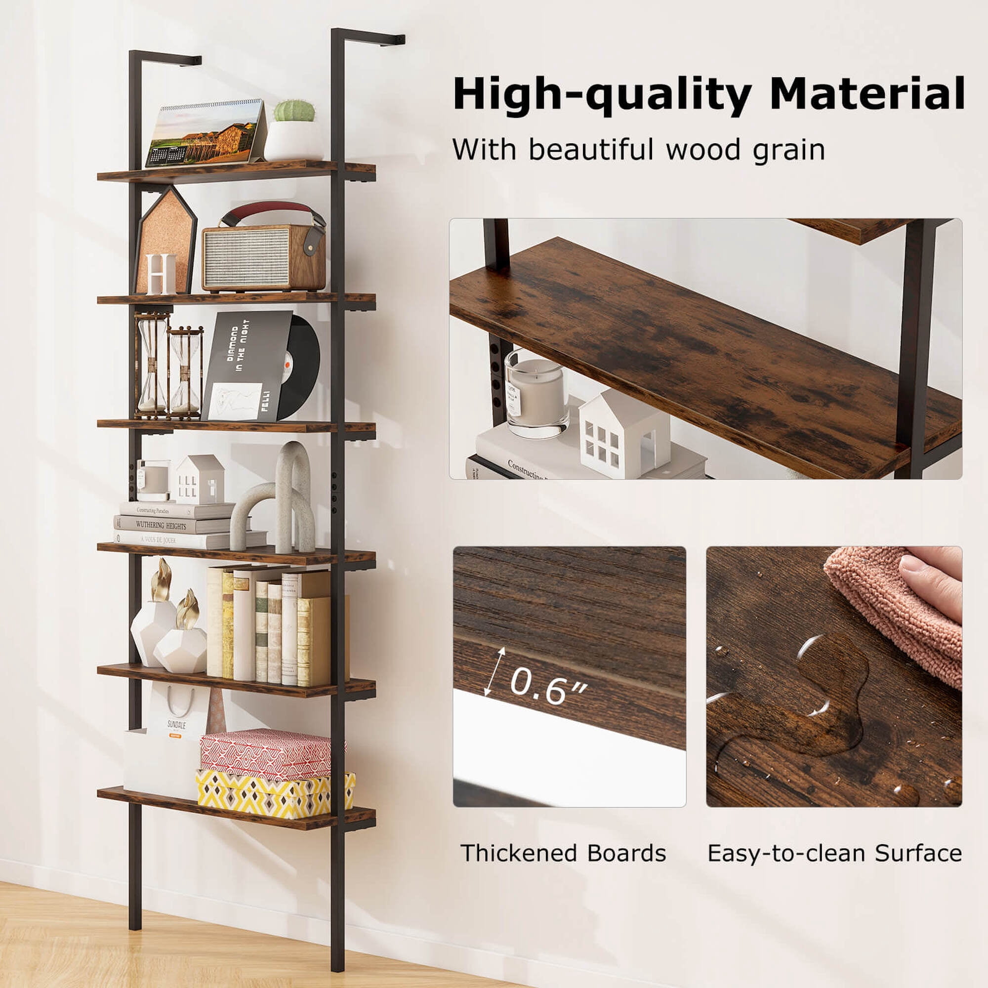Costway 6-tier Ladder Shelf 72 Inches Industrial Wall Mounted Bookshelf Brown