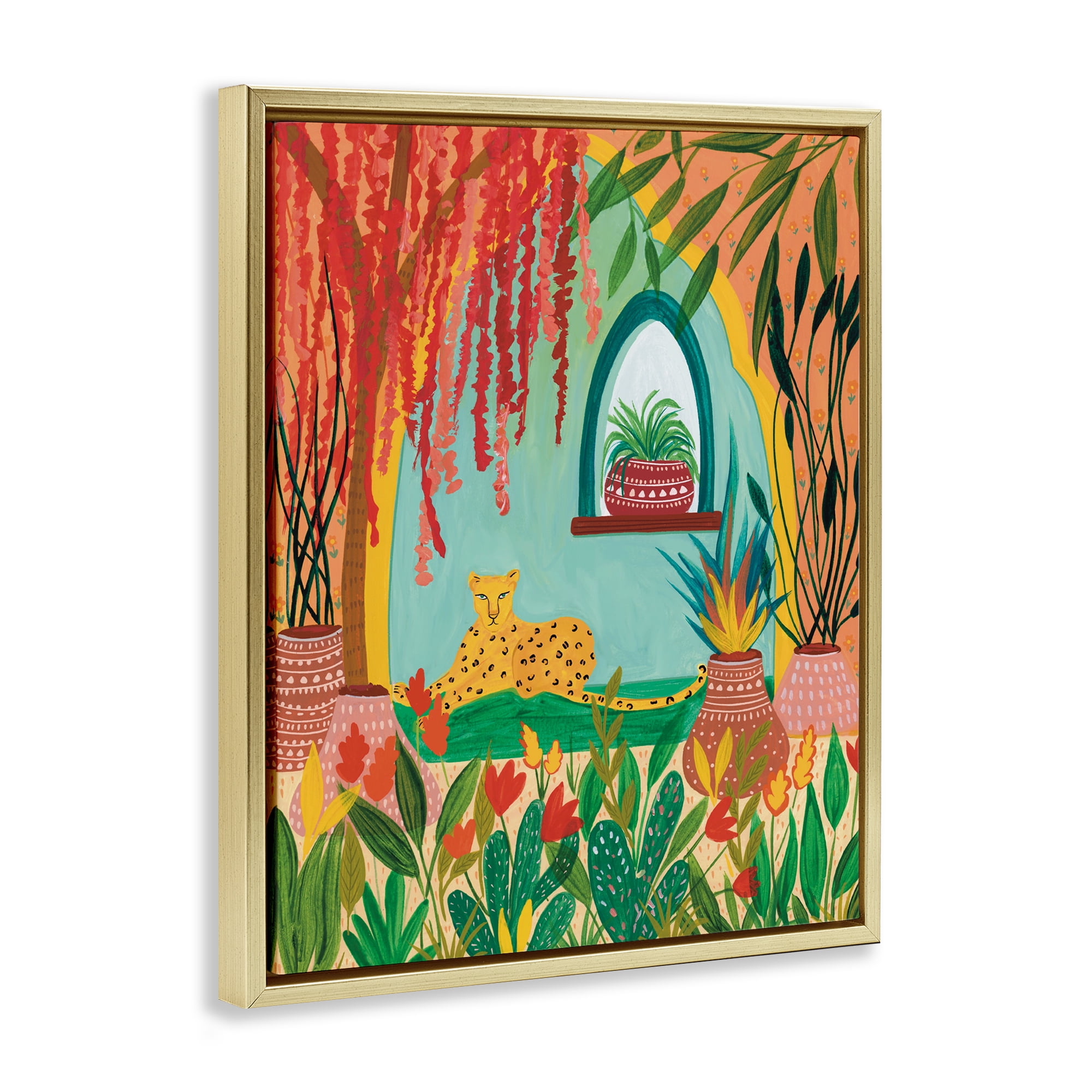 Lone Leopard Among Botanicals Gold Framed Floater Canvas Wall Art, design by Nabeela Rumi