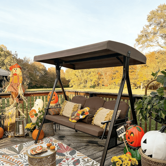 PURPLE LEAF 3 Seat Deluxe Outdoor Patio Porch Swing with Weather Resistant Steel Frame, Adjustable Tilt Canopy, Cushions and Pillow Included, Khaki
