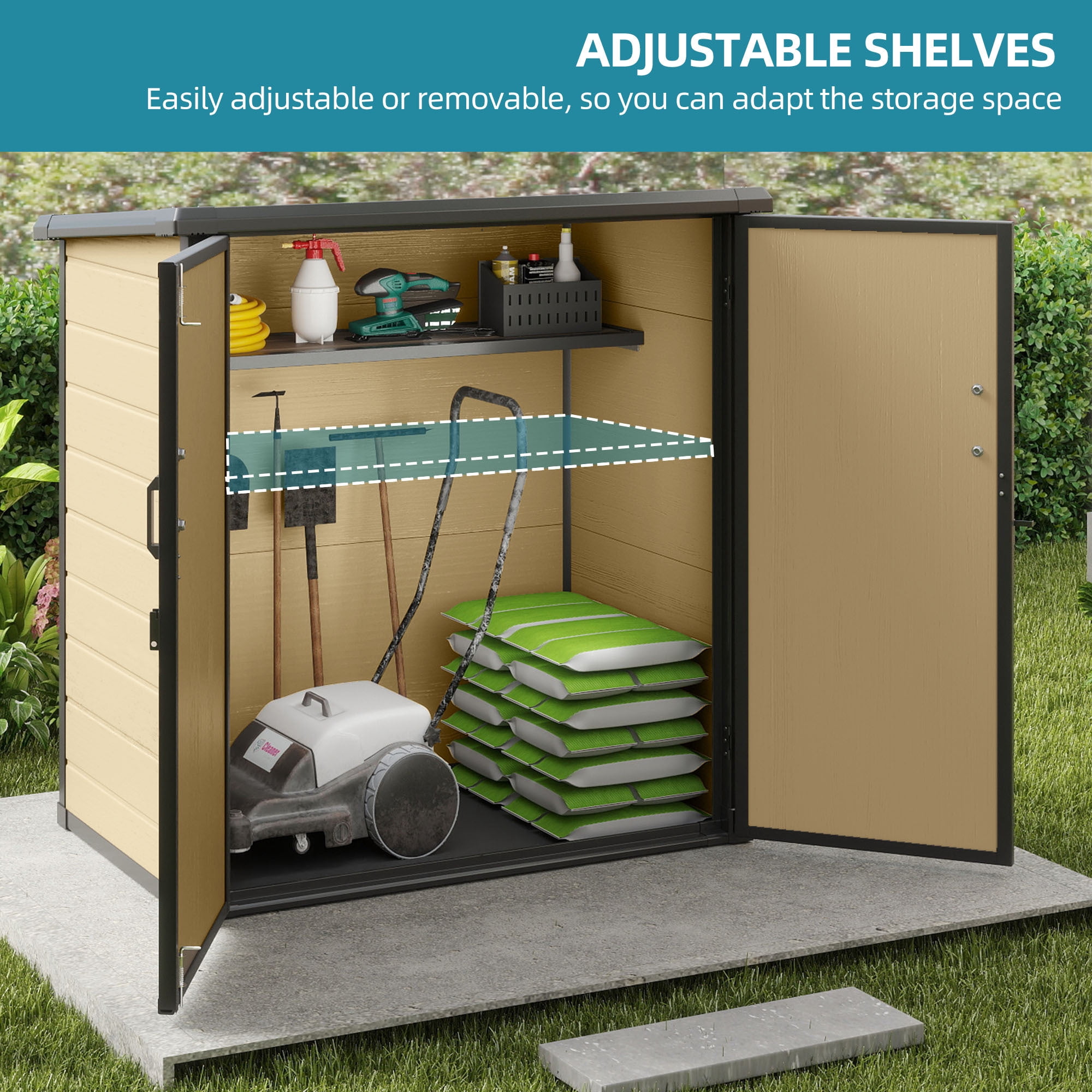 Uforic 54 Cu. Ft. Outdoor Vertical Storage Shed with 2 Shelves, 4.2x2.6x5 Ft, Includes Floor & Lockable Doors, Durable Double-Wall Plastic Cabinet for Trash Cans, Tools and Garden Equipment, Brown