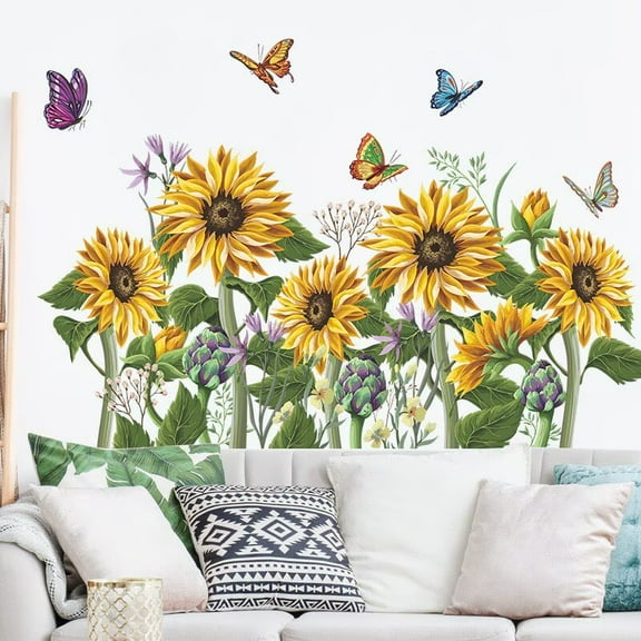 Sunflower Daisy Wall Decals Butterfly Waterproof Sunflower Wall Stickers Flower Mural Stickers Transparent decal DIY Peel and Stick Living Room Bedroom Office Wall Decor glass decals