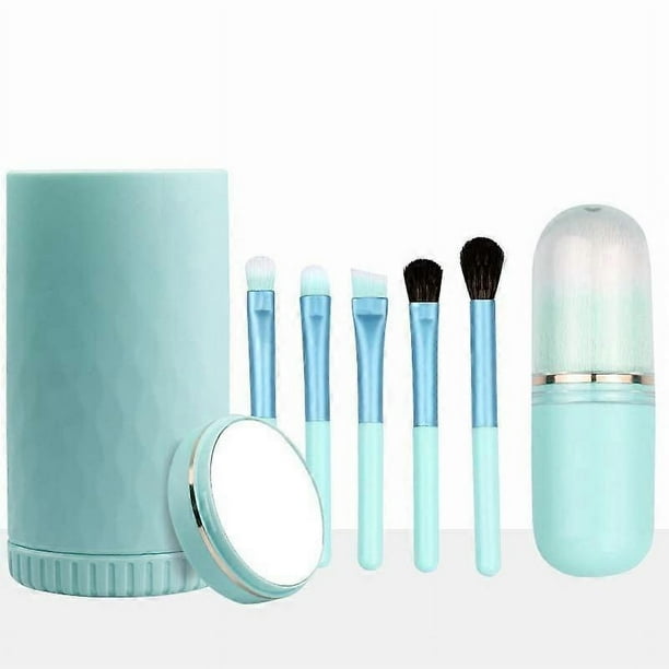 6 IN 1 Portable Travel Makeup Brush Set, COSHINE 6pcs Easy-taken Mini Complete Function Cosmetic Brushes Kit with Holder and Mirror (green)