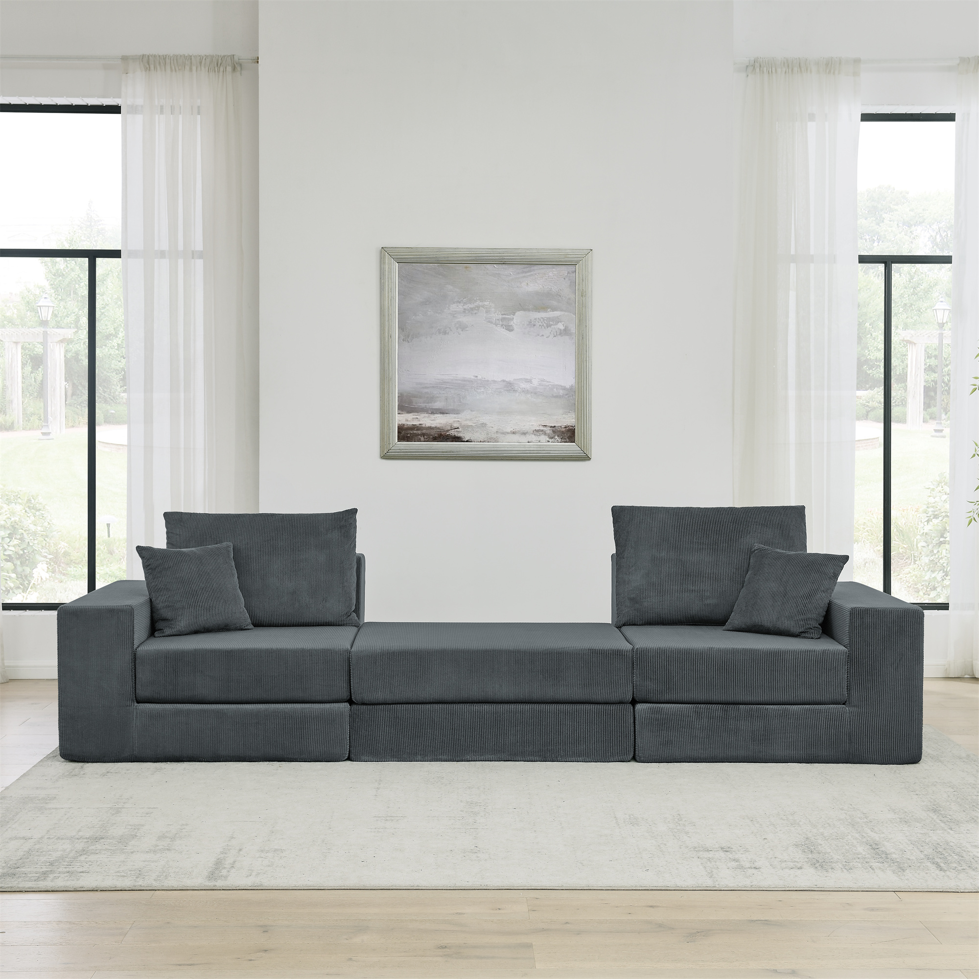 Miniyam Corduroy Modular Sofa, Cloud Couch Deep Seat Sectional with Pillows and Ottoman, No Assembly Required, Living Room Furniture, Grey