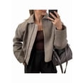 thumbnail image 2 of Womens Cropped Wool Jacket Warm Winter Fleece Bombers Jacket Zip Up Short Pea Coats with Pockets Khaki M, 2 of 9