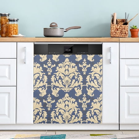 BZSMCE Dishwasher Magnet Cover Magnetic Sticker Creatively Navy and Cream Damask Elegance Printed 23 x26