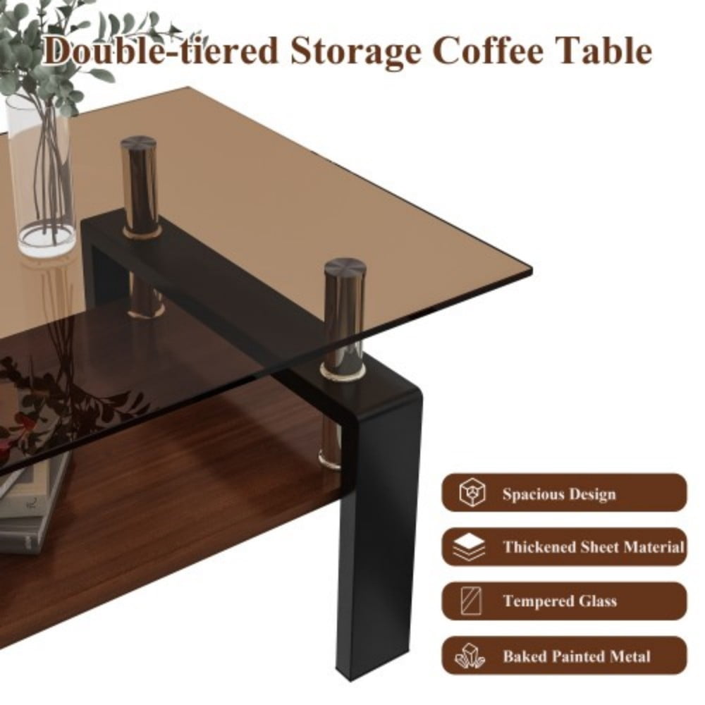 Rectangle Coffee Table, 39.2" Brown Tempered Glass Tabletop with Black MDF Storage Shelf and Iron Legs, Modern Clear Glass Center Table for Living Room, 220 lbs