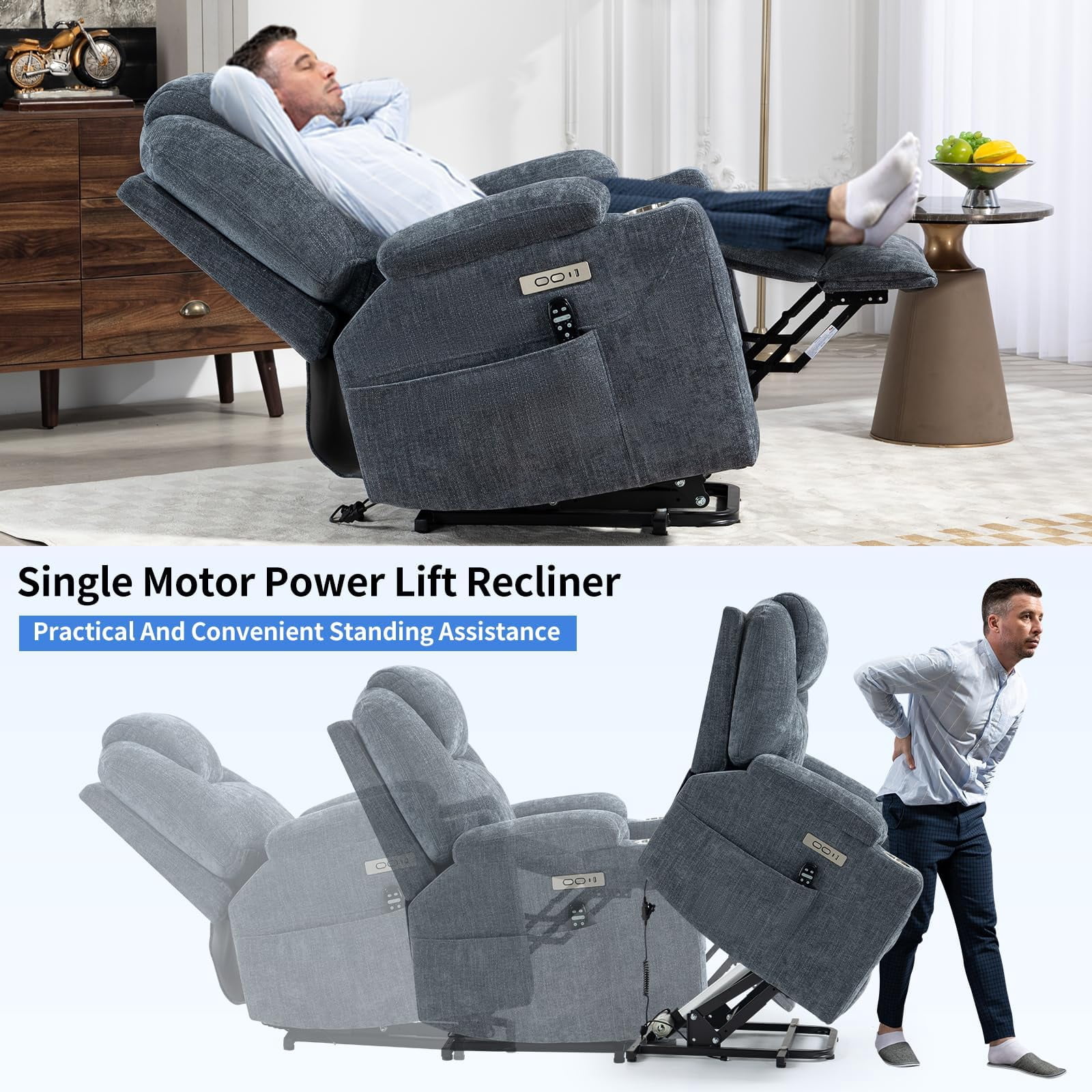 Power Lift Recliner Chair, Electric Lift Recliner for Elderly Reclining Chair with Vibration Massage and Lumbar Heating, Single Sofa with Charging Ports Cup Holders