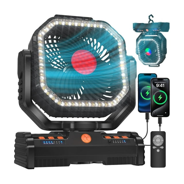 Ventilador de Camping EEIFO 30cm con Linterna LED 40000mAh con Control Remoto Negro