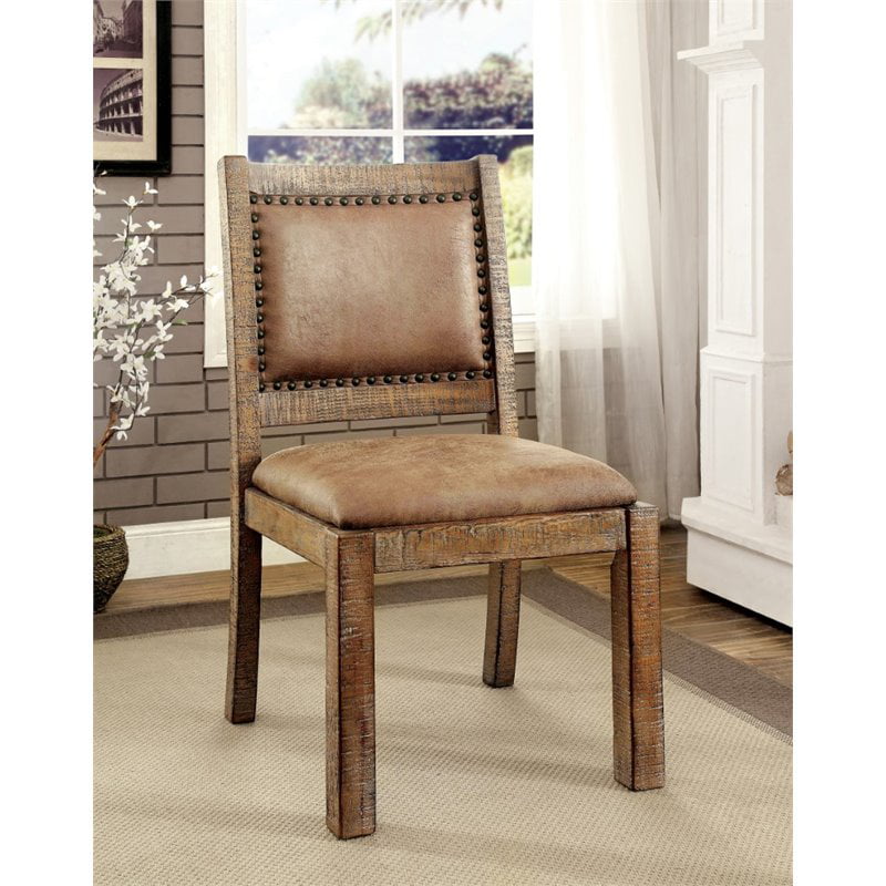 America Liston Wood Padded Side Chair, Modern Rustic Leather Dining Chairs