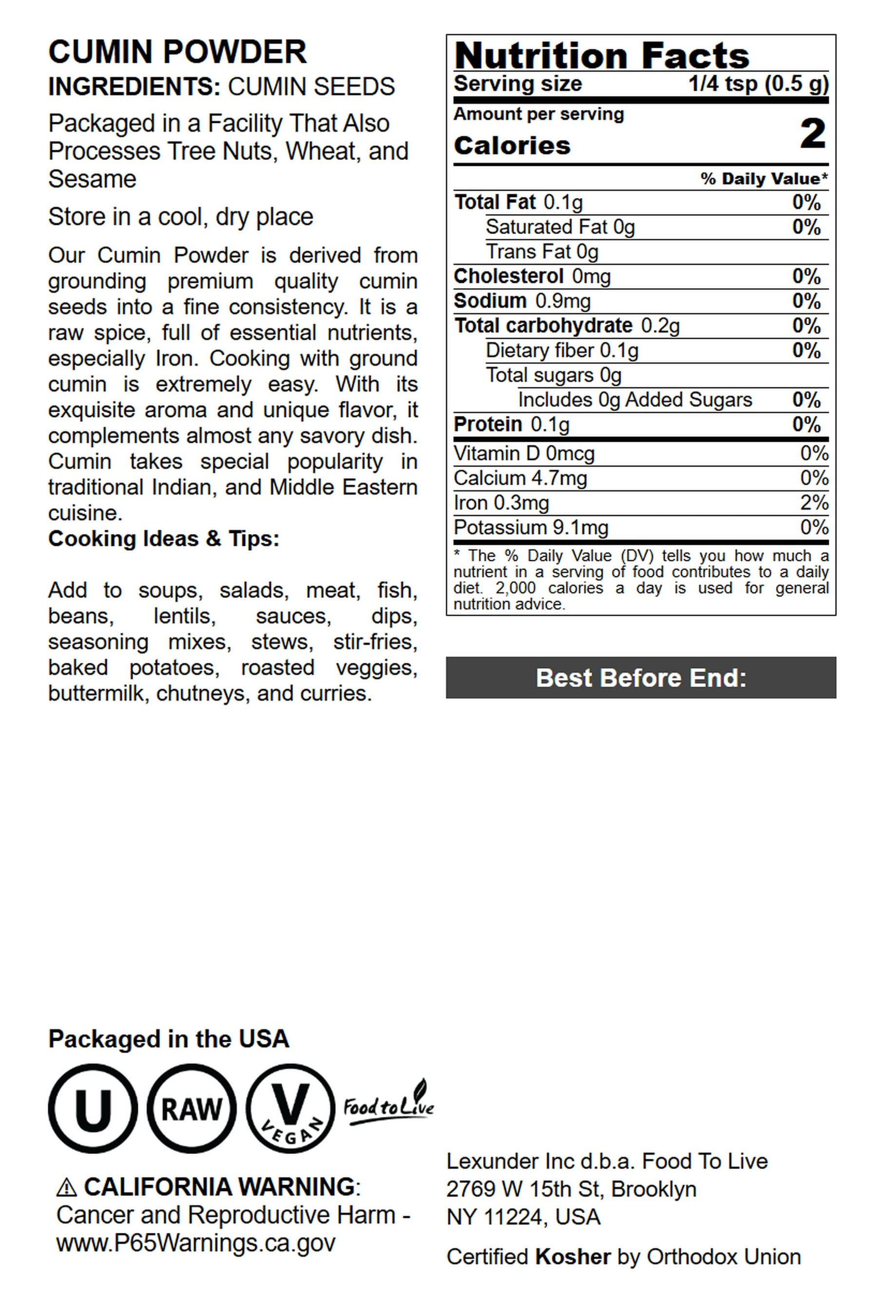 Cumin Powder, 5 Pounds — Kosher, Raw, Vegan — by Food to Live