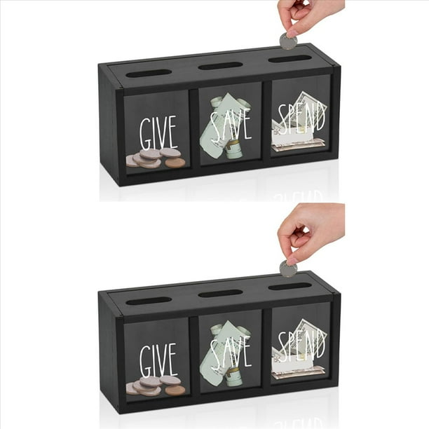 2X Caja de Madera para Ahorrar Dinero para Niños, Alcancía de Encimera para Dinero en Efectivo Diario, Banco para Niños de Montaje en Pared Negro