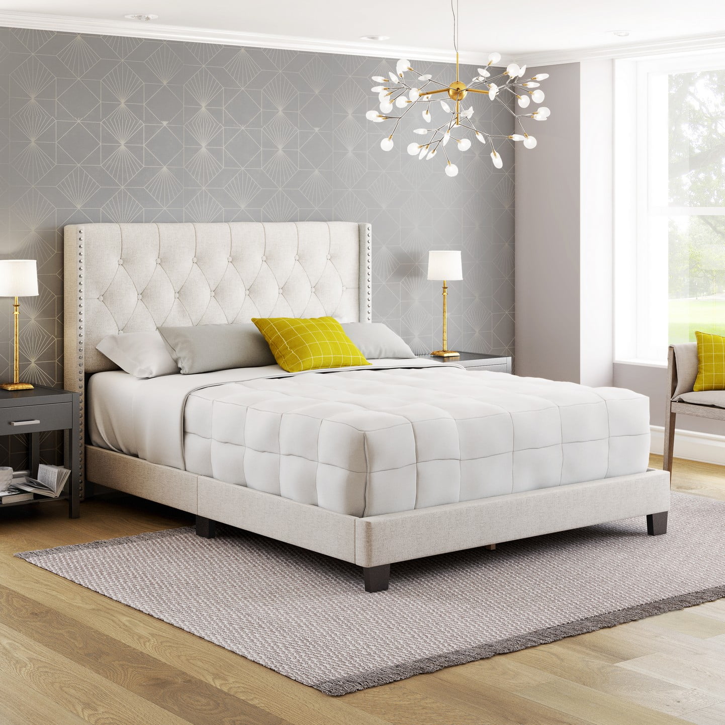 Boyd Sleep Mia Off White Linen King Size Fully Upholstered Platform Bed Frame with Tufted Headboard