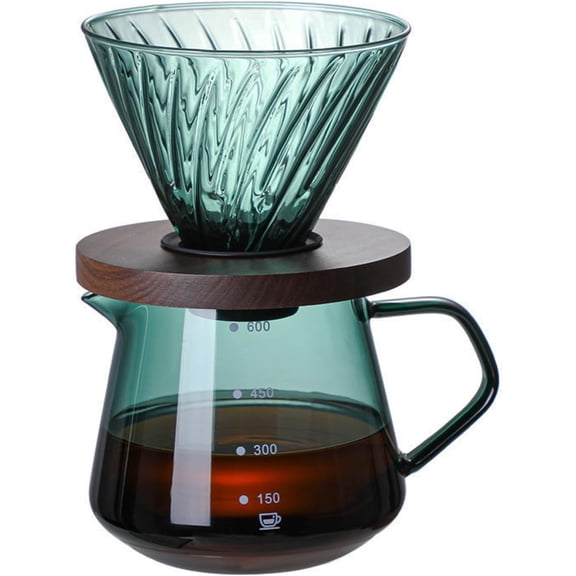Pour Over Coffee Maker Set, 600ML Glass Carafe Coffee Server with Dripper Set, V60 Glass Coffee Filter with Wood Base for Home Office Gift, 1-4 Cups