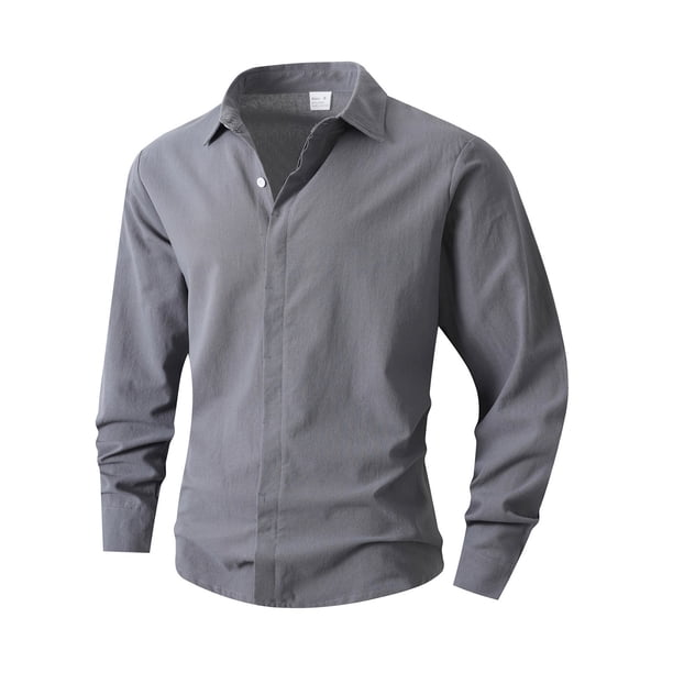 pstuiky camisa de manga larga para hombre, Camisa de lino con bolsillo y solapa con botones y manga larga de color liso para hombre Tops casuales para hombres l