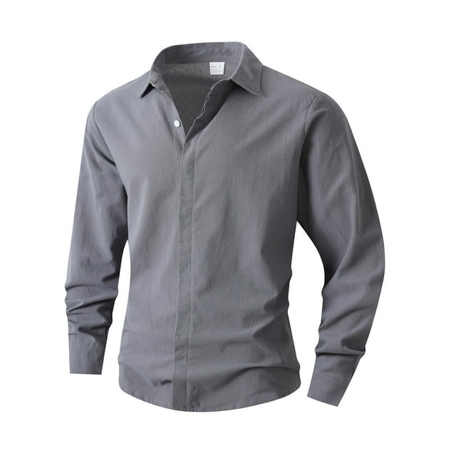 pstuiky camisa de manga larga para hombre, Camisa de lino con bolsillo y solapa con botones y manga larga de color liso para hombre Tops casuales para hombres l