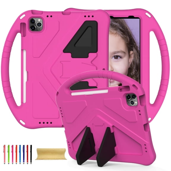 Kids Case for iPad Pro 11 2022/2021/2020/2018 with Kickstand/Handle Stand Lightweight Soft EVA Foam Shockproof Silicone Cover Boy Girl for iPad Air 4/Air 5, Rose