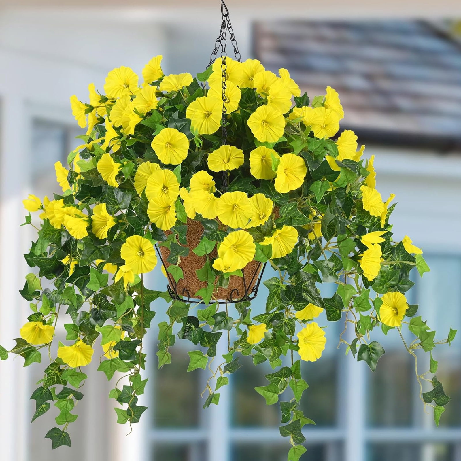 Dwellin Artificial Hanging Fake Flowers with Baskets Plants for Outdoor Decoration Faux Silk Floral Decorations for Spring Planters Home Porch Patio Garden Decor(Yellow)
