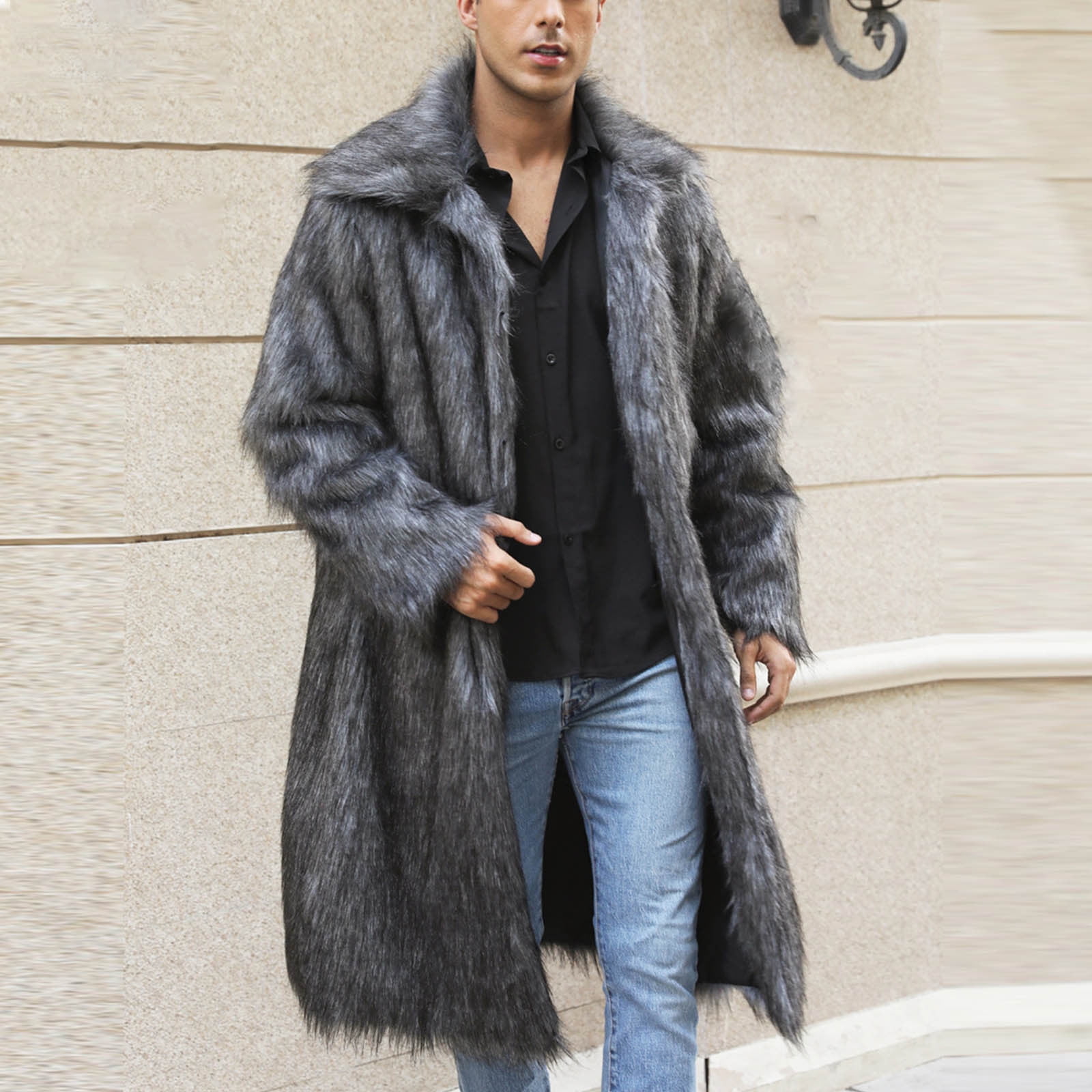 Amzcrzy Men Faux Fur Coat Men's Winter Fleece Coat Style Long