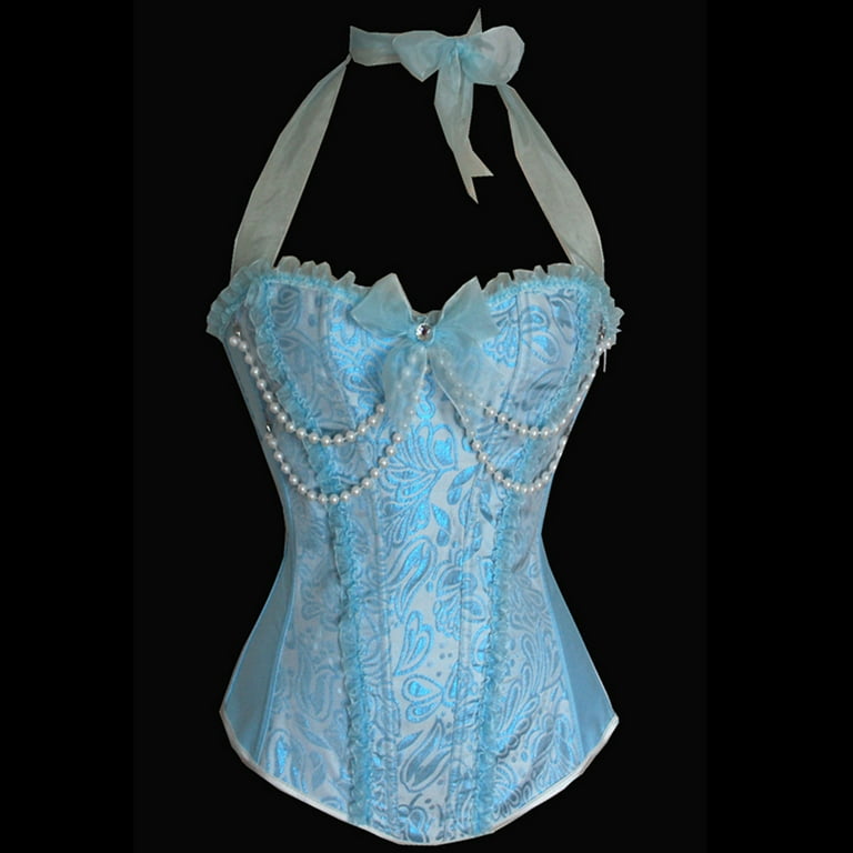 SBYOJLPB Women's Shapewear Cute Pearl Chain Embellished Ribbon Lace Halter  Blue Funny Corset Blue 10(XL)