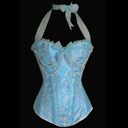 

Maplople Cute Pearl Chain Embellished Ribbon Lace Halter Blue Funny Corset