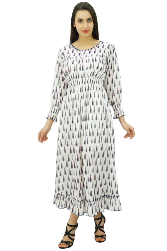 Women's Printed Cotton Smocked Waist Long Maxi Dress Boho Chic