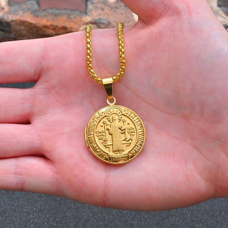 Saint Benedict Round Box Photo 14K Gold Filled Pendant Necklace for Men & Women, Customized Picture Religious Jewelry