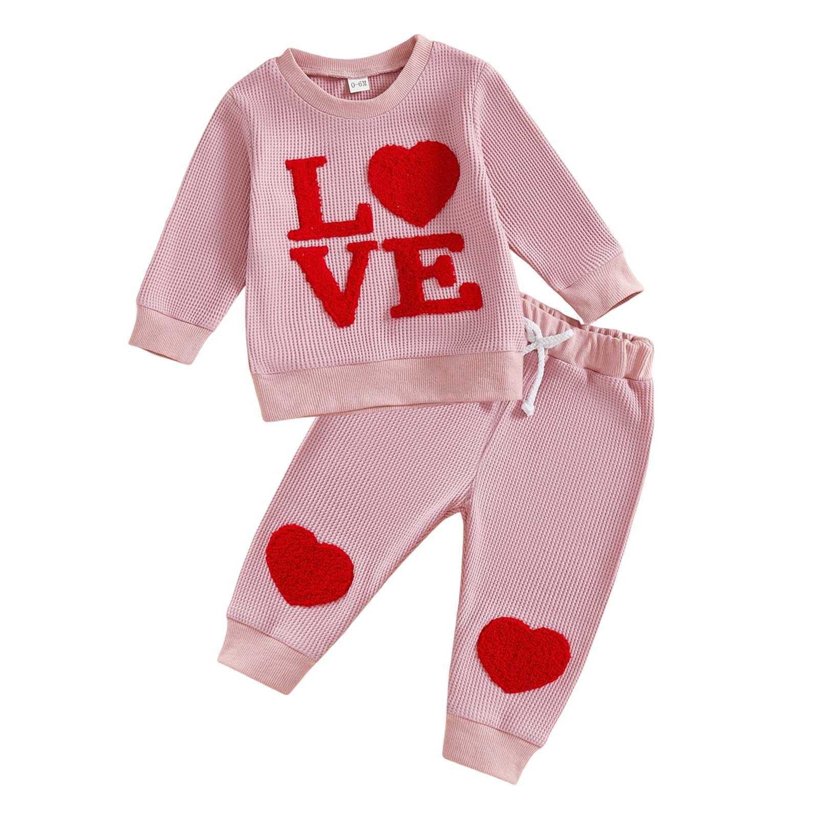 Gelikeya Baby Girl First Valentines Day Outfit Long Sleeve Tops Pants 2 Piece Cute Hearts Birthday Spring Fall Clothes, X02 Pink & 2-3 Years