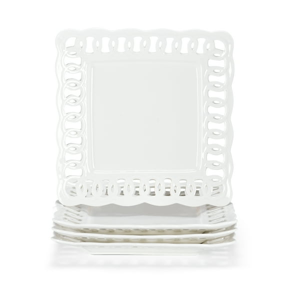 Ceramic Square Dinner Plates, 11 inch Square Serving Plate Set of 4 for Steak Pasta Salad Snacks Pizza Appetizer, New Bone Porcelain Plates with Lace Rim, Party Wedding Birthday Christmas Gift, White