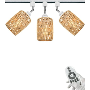 FSLiving Gimbaled LED Track Light,Adjustable Height Halo Track Lighting Pendants, Flexibly Rotatable Light Head Twine Natural Rattan Shade, E26 Smart LED Edison Bulbs for Kitchen Island