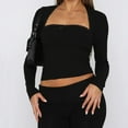 thumbnail image 2 of Women Lace Trim Long Sleeve Crop Tops Cute Square Neck Slim Fit Shirts Going Out Tops Blouse, 2 of 2