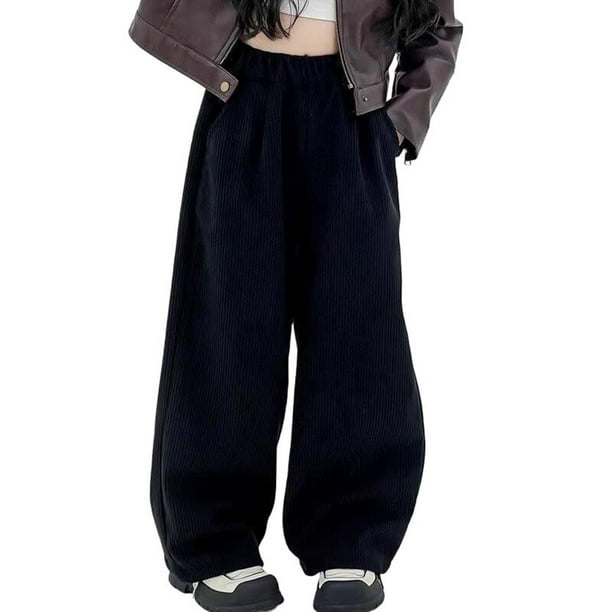 Pantalones largos de pana de color liso para niña, pantalones casuales de pierna recta, pantalones holgados casuales de pierna ancha, pantalones de poliéster con cintura elástica y largo para niños.