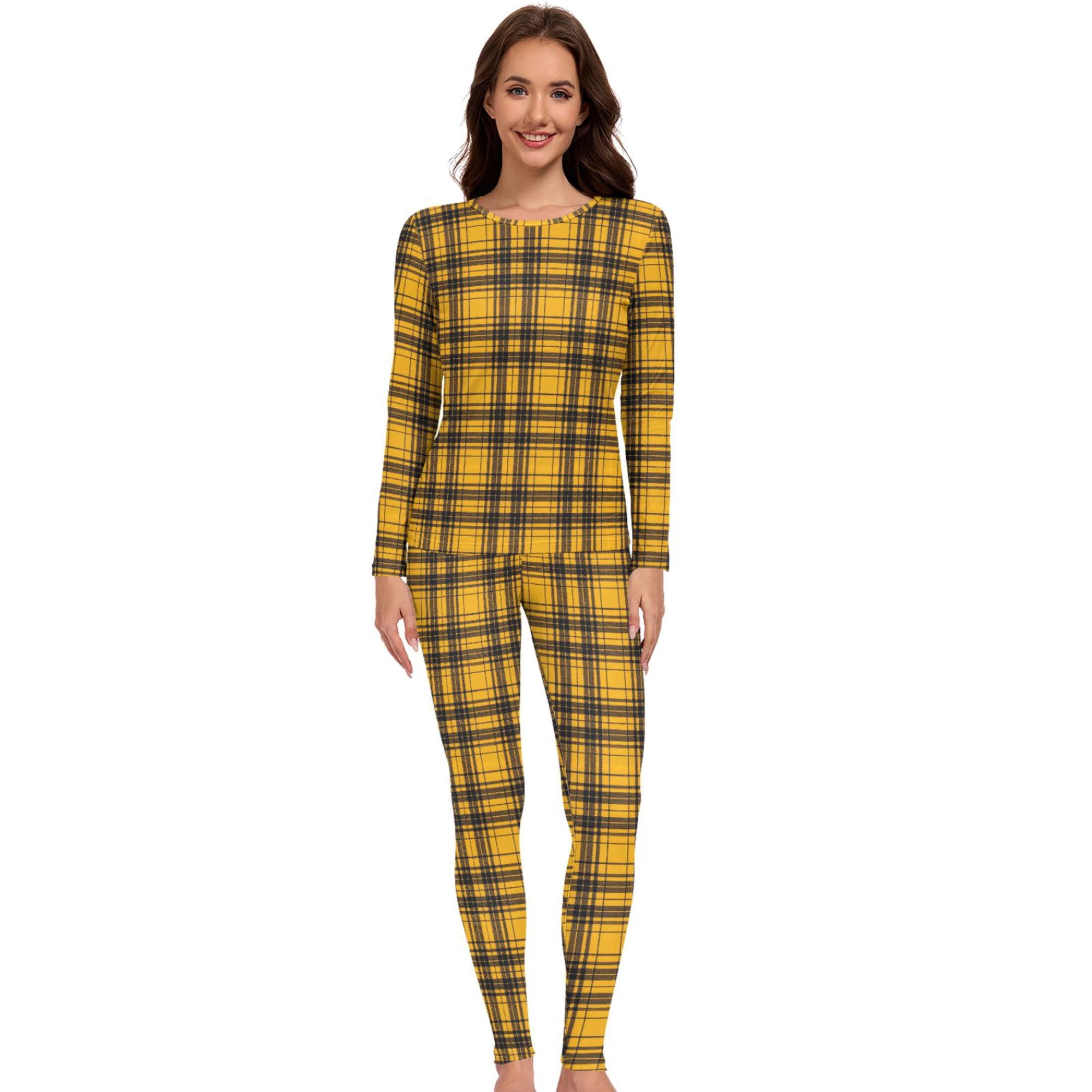 Women Yellow Black Checkered Thermal Underwear Set 2 Piece Base Layer Large