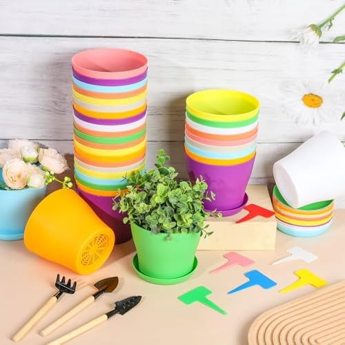 48 Pack Plastic Planters 5.5 Inch Flower Plant Pots Indoor Set Thickened Seedling Nursery Pots Seed Starting Pots with Drainage Holes Saucers Mini Garden Tool for Home Office Garden, Multicolor