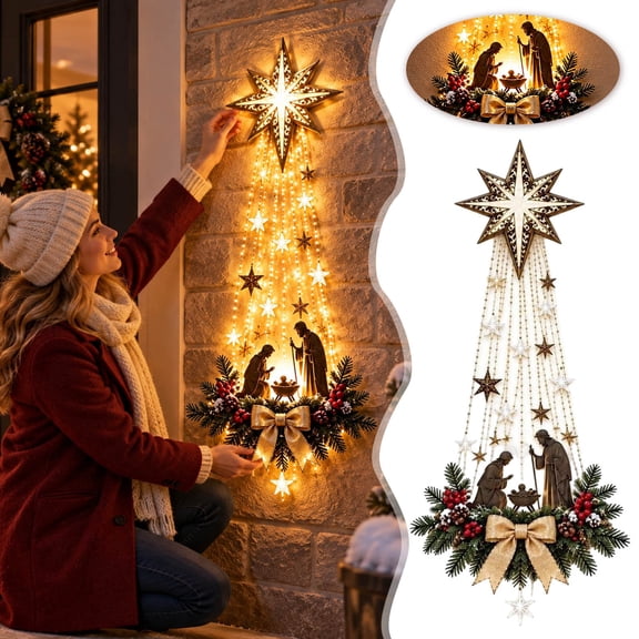 Bethlehem Star Christmas Wall Light Decor, Cascading Star Bead String Lights With Holy Family Resin Figures, Illuminated Nativity Scene Wall Art For Indoor Holiday Decoration