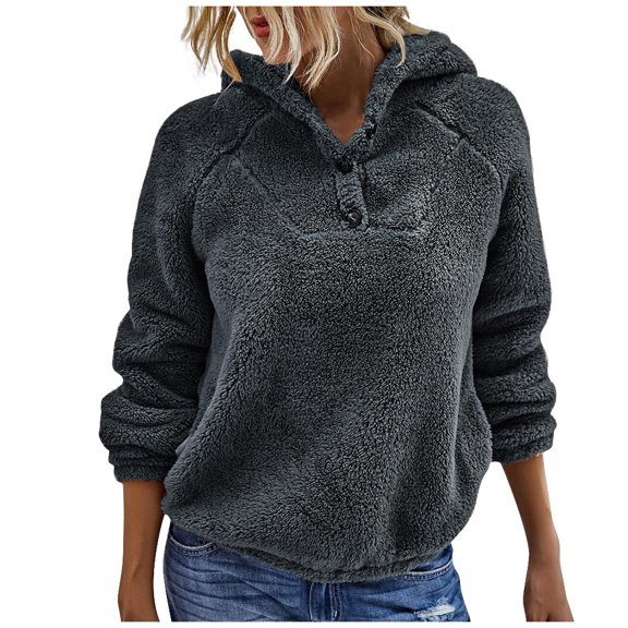 Fesfesfes Women Hooded Solid Color Pullover Hood Plush Long Sleeves Sweater Tops Clothes Sale