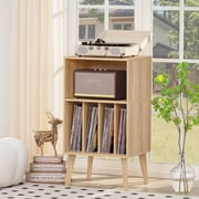 Record Player Stand, Vinyl Record Storage Cabinet, Mid-Century Turntable Stand Table Holds Up to 160 Albums Living Room Bedroom Office, Natural Wood