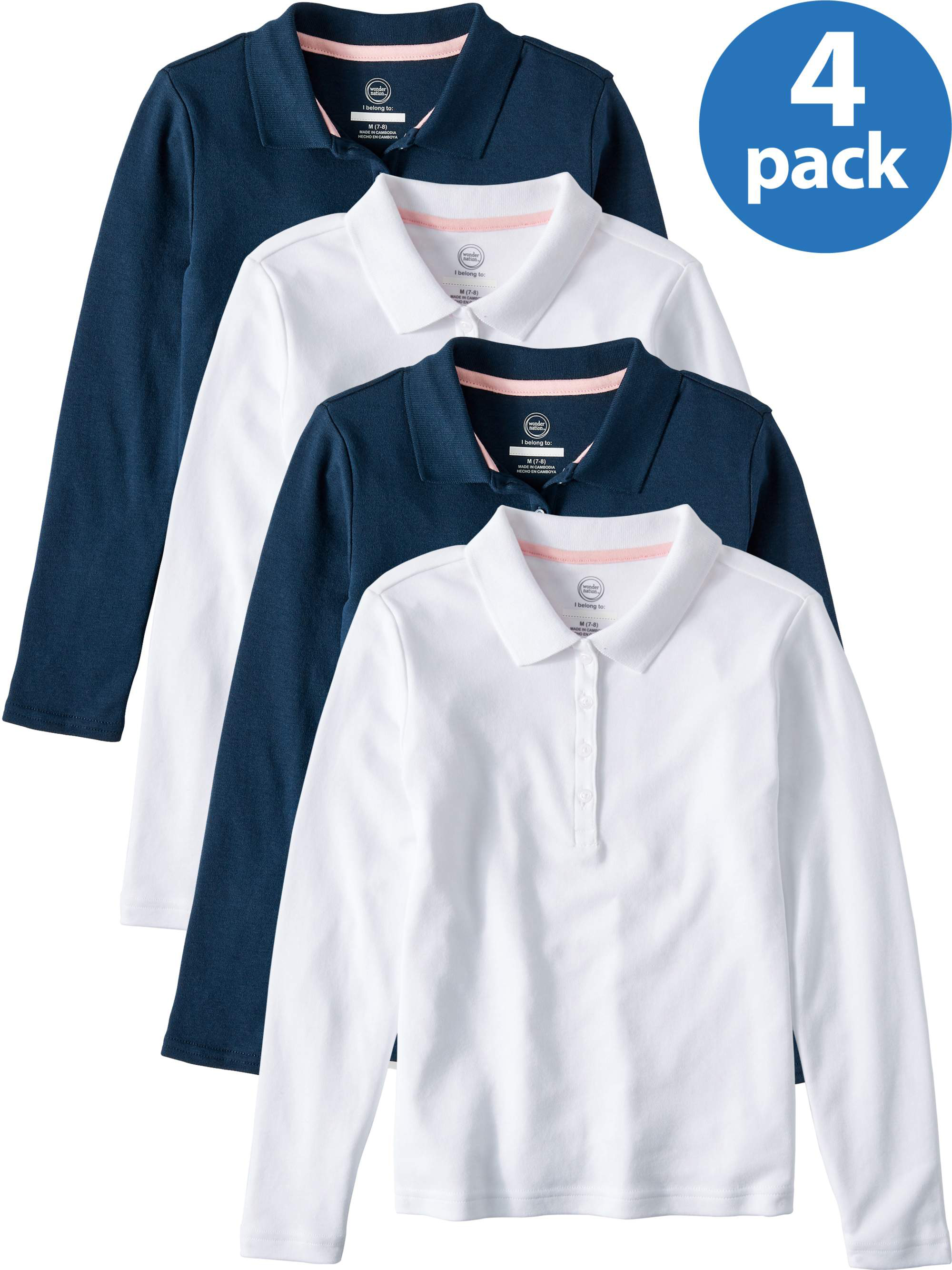 Wonder Nation Girls School Uniform Long Sleeve Interlock Polo Shirt, 4-Pack Value Bundle, Sizes 4-18 - image 1 of 7