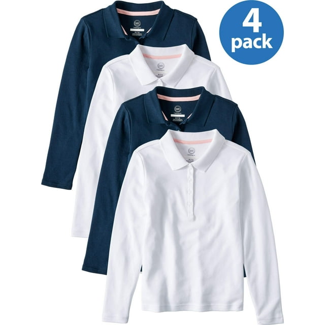 Wonder Nation Girls School Uniform Long Sleeve Interlock Polo Shirt, 4-Pack Value Bundle, Sizes 4-18