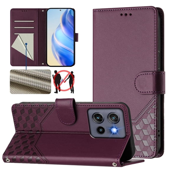ELEHOLD Case for Moto G Stylus 5G (2025), RFID Leather Wallet Stand Case with Long Shoulder & Wrist Strap,Wireless Charging,Darkpurple