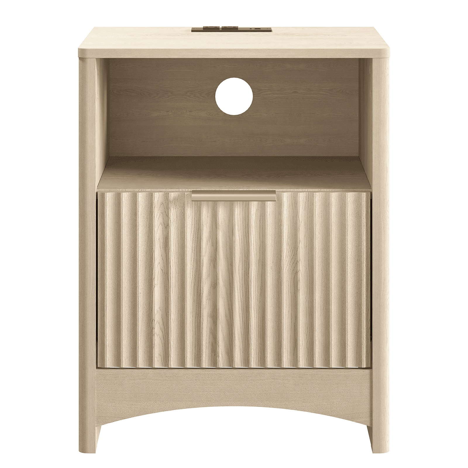 CHITOOMA Fluted Nightstand Set of 2 with Charging Station, Wood Bedside Table with Drawer & Open Shelf, Small End Table for Bedroom Living Room, Natural