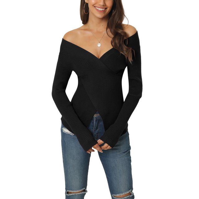 INSPIRAR CHIC Suéter Casual de Manga Larga con Cuello en V para Mujeres Otoño Invierno Talla L Negro