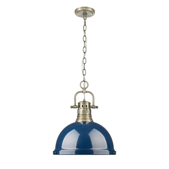 Yep by Golden Lighting Duncan 1-light 14in Chain Hung Pendant in Aged Brass and Navy Blue shade