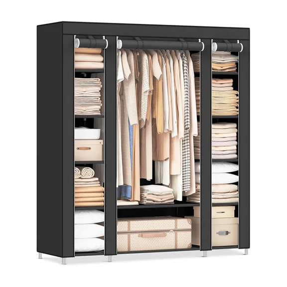 69" Portable Closet, Non-Woven Closet Storage Organizer With Hanging Rails And 12 Storage Shelves, Quick And Easy Assembly