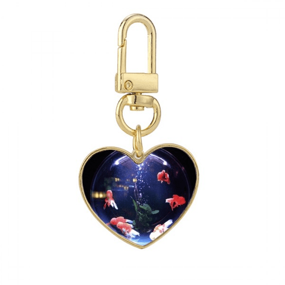 Ocean Colorful Fish Science Nature Picture Gold Heart Keychain Metal Keyring Holder
